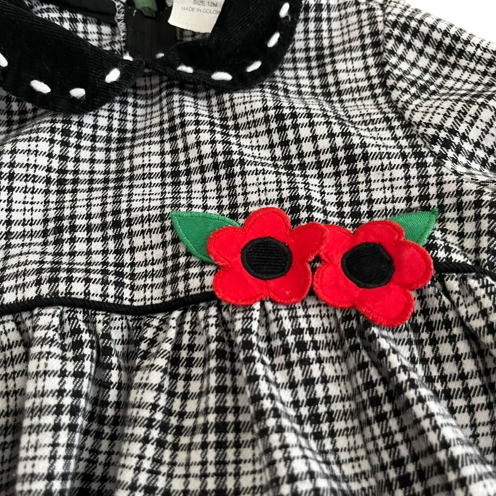 Florence Eiseman 12M Black White Plaid Peter Pan Collar Red Floral Holiday Dress